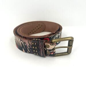 Ed Hardy by Christian Audigier men’s graphic print and stud details leather belt